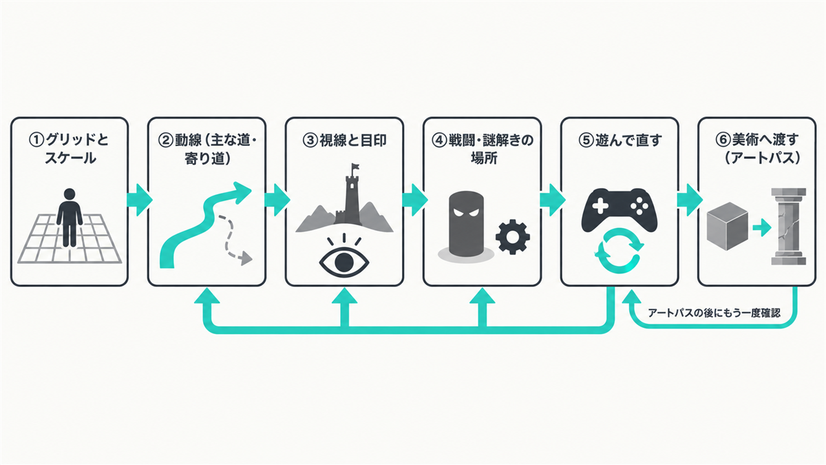 グレーボクシングの進め方。グリッドとスケール、動線、視線と目印、戦闘・謎解きの場所を組み、遊んで直す（②〜④へ戻る）を繰り返してから美術へ渡し、アートパスの後にもう一度確認する