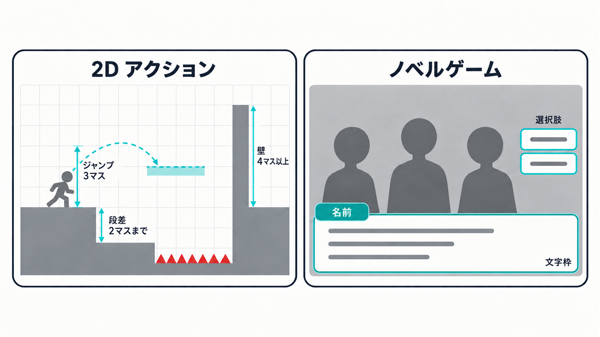 左は2D アクションの仮組（ジャンプ 3マス・段差 2マスまで・壁 4マス以上）、右はノベルゲームの画面の仮組（シルエット3体・名前・文字枠・選択肢）