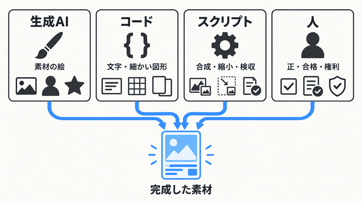 アセット制作の分担。生成AI（素材の絵）・コード（文字・細かい図形）・スクリプト（合成・縮小・検収）・人（正・合格・権利）が、1枚の完成した素材に合流する