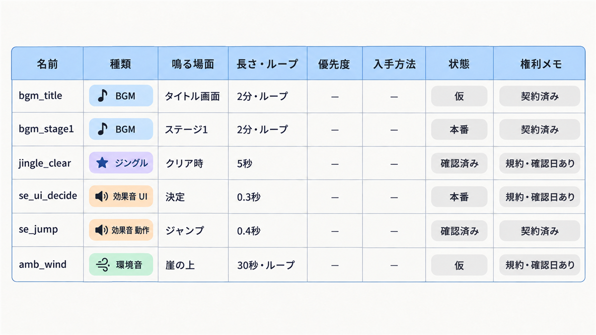 ゲームのサウンドリストの例。名前・種類・鳴る場面・長さとループ・優先度・入手方法・状態・権利メモの列に、BGM・ジングル・効果音・環境音の6行