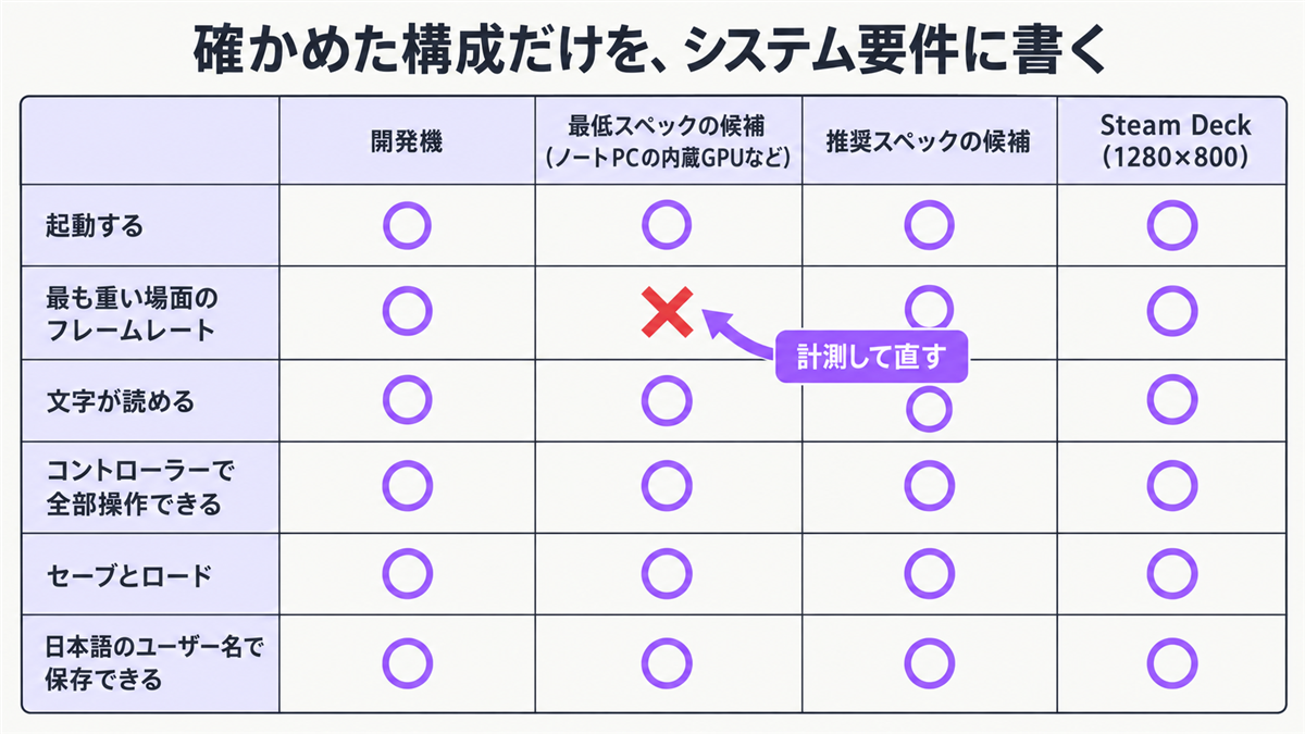 動作環境の確認表の例。開発機・最低スペックの候補・推奨スペックの候補・Steam Deck の4列で6つの項目を確かめ、最低スペックの候補の重い場面だけ×で、計測して直す
