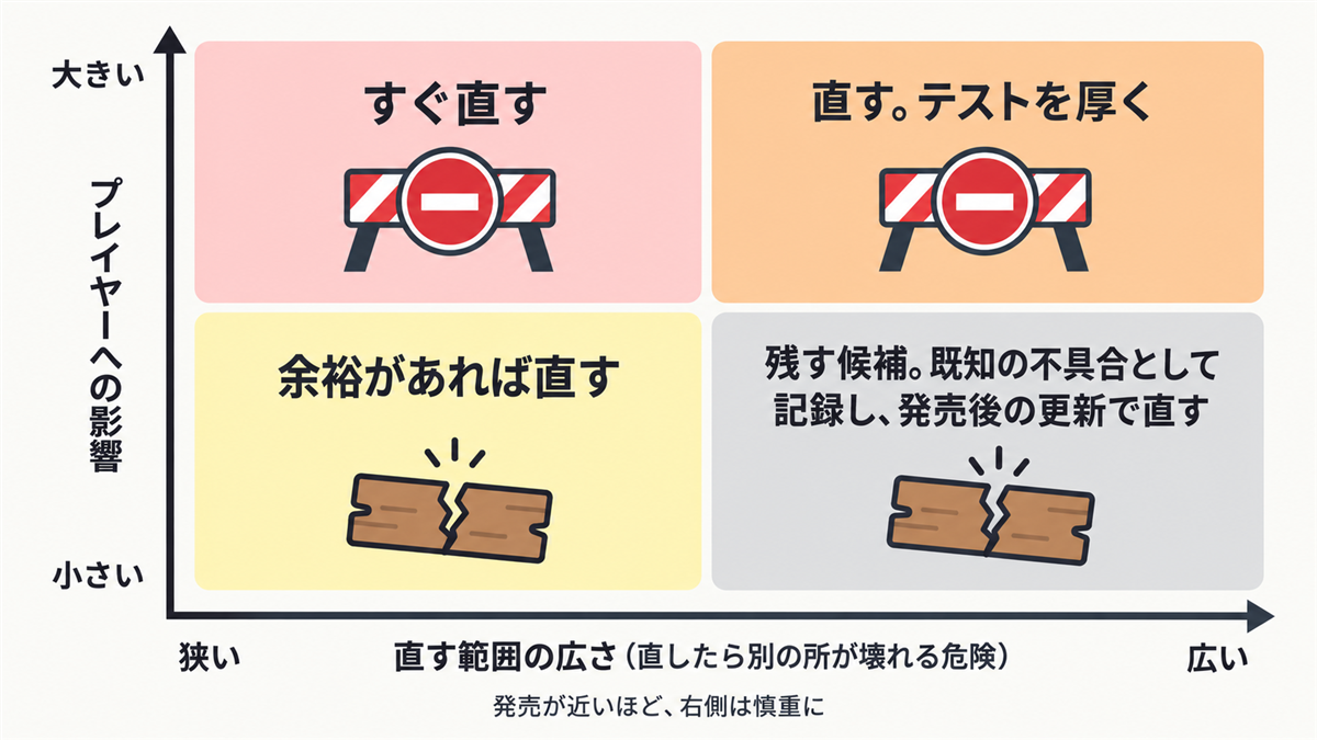 不具合を直すか残すかを、プレイヤーへの影響と直す範囲の広さの2軸で、すぐ直す・直してテストを厚く・余裕があれば直す・残して発売後に直す、に振り分ける
