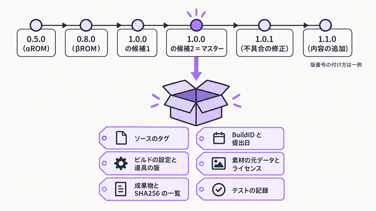 版番号の付け方の例（0.5.0 から 1.1.0 まで）と、マスターで保管する6つのもの（ソースのタグ・ビルドの設定と道具の版・成果物と SHA256 の一覧・BuildID と提出日・素材の元データとライセンス・テストの記録）