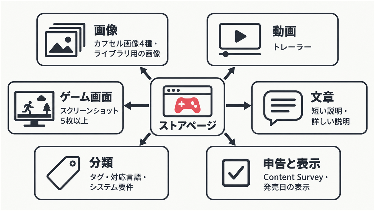 Steam のストアページを構成する要素を、画像・動画・ゲーム画面・文章・分類・申告と表示の6つにまとめた図