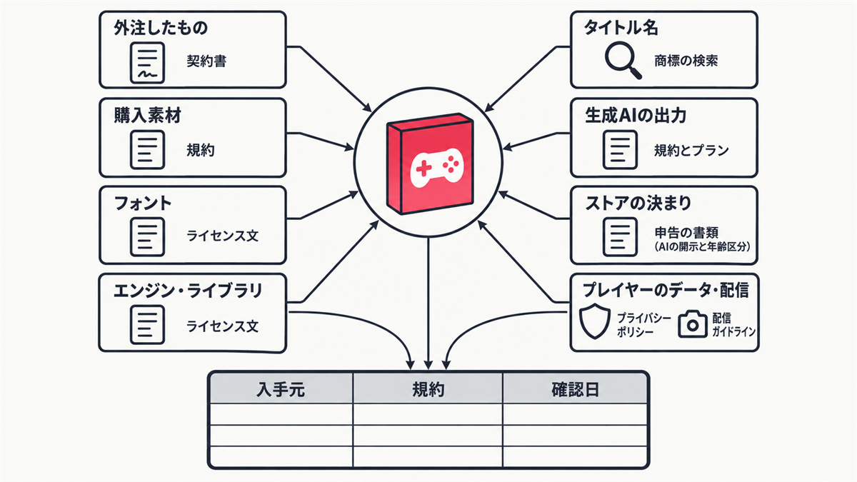 ゲームの権利と規約で確かめるものの地図。ゲームに入れる8つのもの(外注したもの・購入素材・フォント・エンジンとライブラリ・タイトル名・生成AIの出力・ストアの決まり・プレイヤーのデータと配信)と確かめる根拠、入手元・規約・確認日の台帳