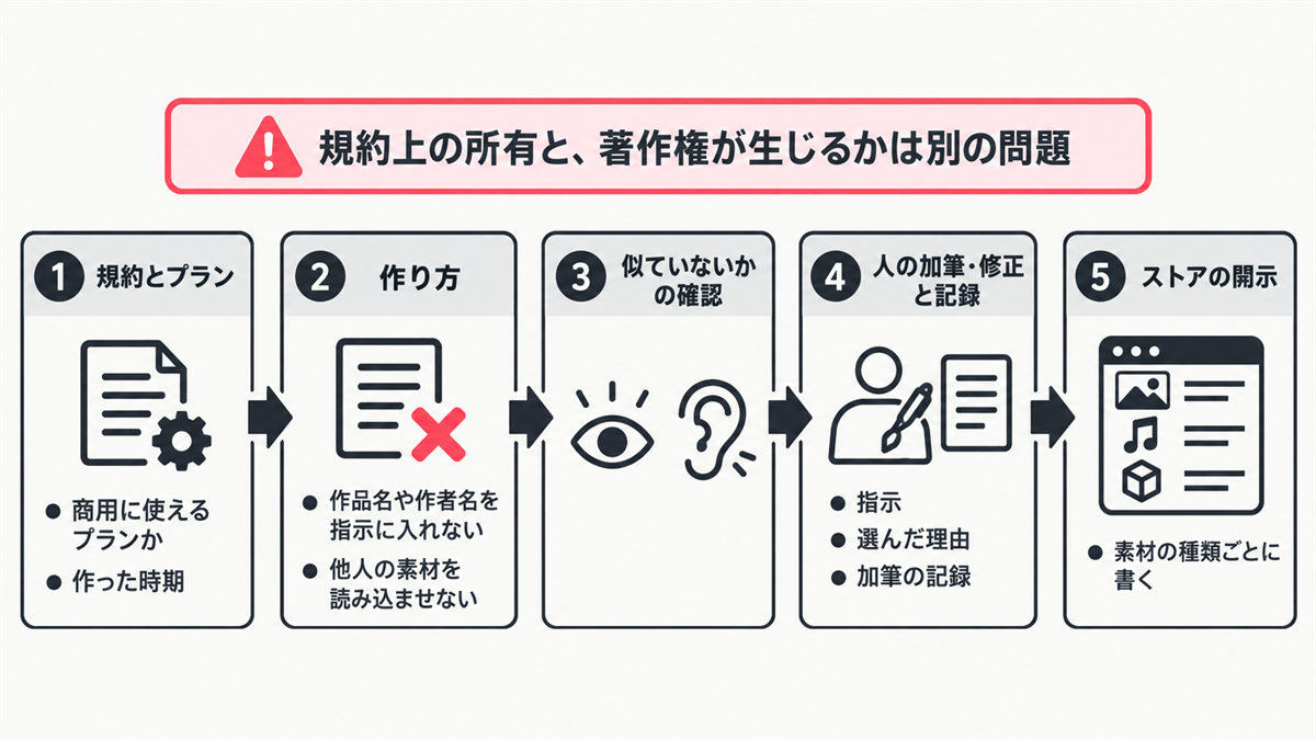 生成AIの出力をゲームに使うまでの確認の流れ(規約とプラン・作り方・似ていないかの確認・人の加筆と記録・ストアの開示)