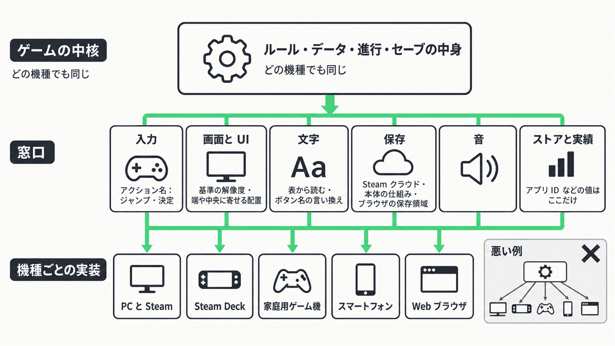移植しやすい作りの3層の構造(どの機種でも同じゲームの中核・入力や保存などの6つの窓口・5つの機種ごとの実装)と、中核から機種へ直接つなぐ悪い例