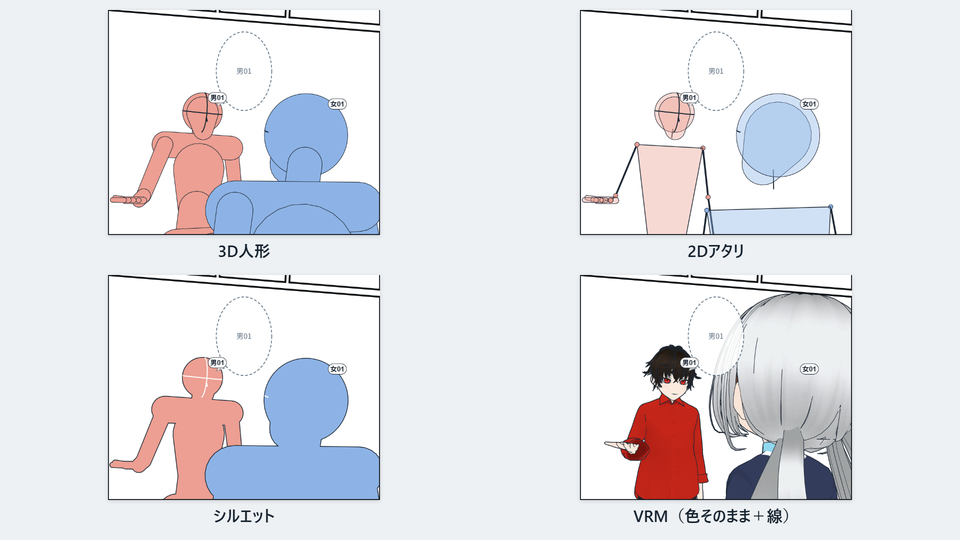 同じコマを、3D人形・2Dアタリ・シルエット・VRMの4つの描き方で描いた画像