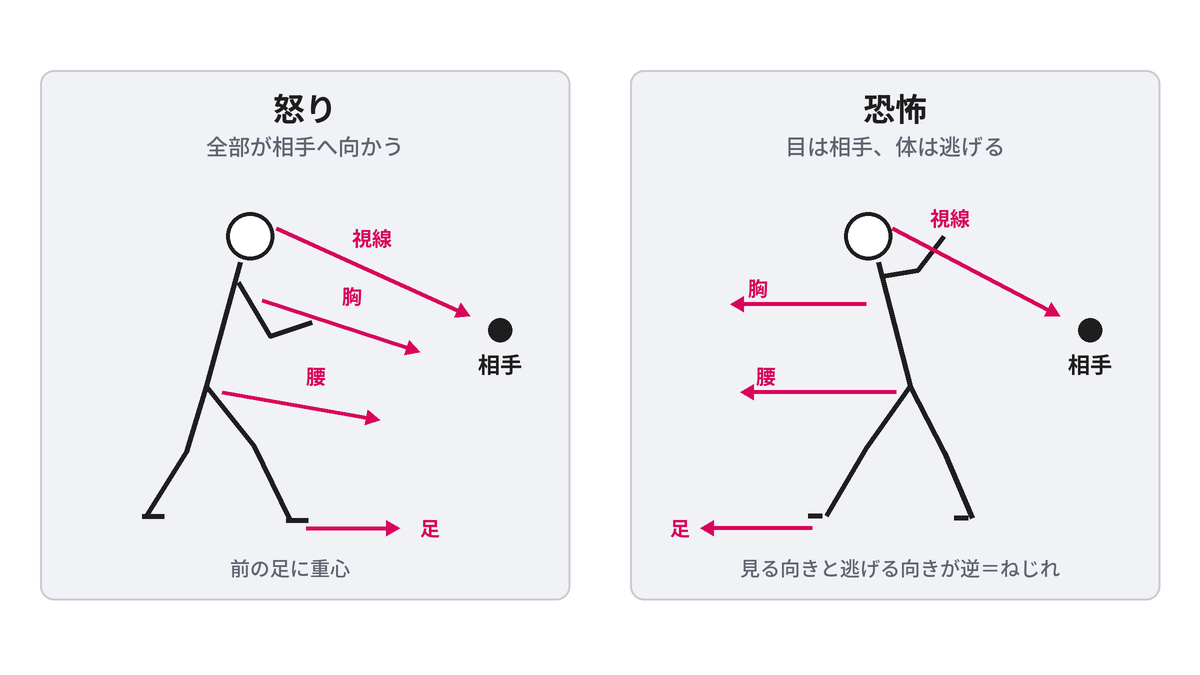 怒りと恐怖の体の向きを比べた棒人間。怒りは視線から足まで全部が相手へ向き、恐怖は視線と顔だけが相手へ、胸・腰・足は逃げる向き