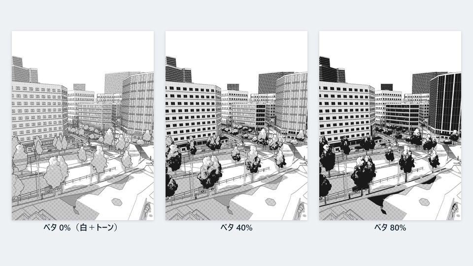 同じ街並みを、ベタ 0%・40%・80% で描いた3つの絵。ベタが増えるほど、木の葉の影や窓が黒くなっている