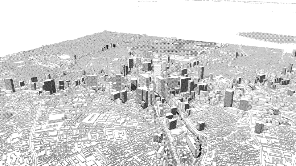 渋谷の上空から、まわり4km の街と地平線までを線画とトーンで描いた画像
