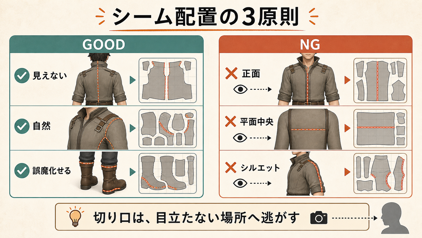 UVシーム配置の良い例と悪い例の比較図