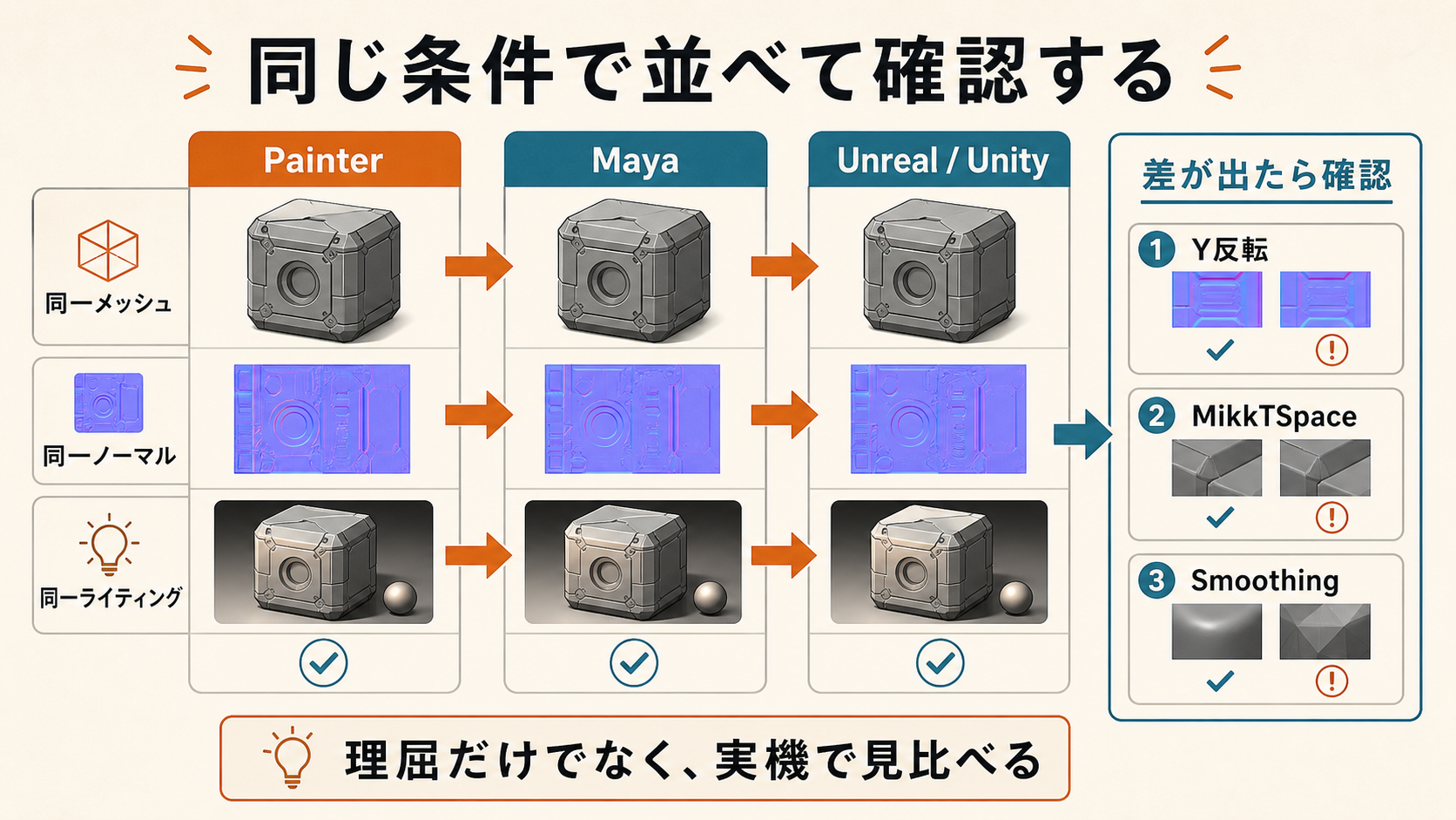 Painter、Maya、UnrealまたはUnityで同じノーマルマップを比較するチェック手順