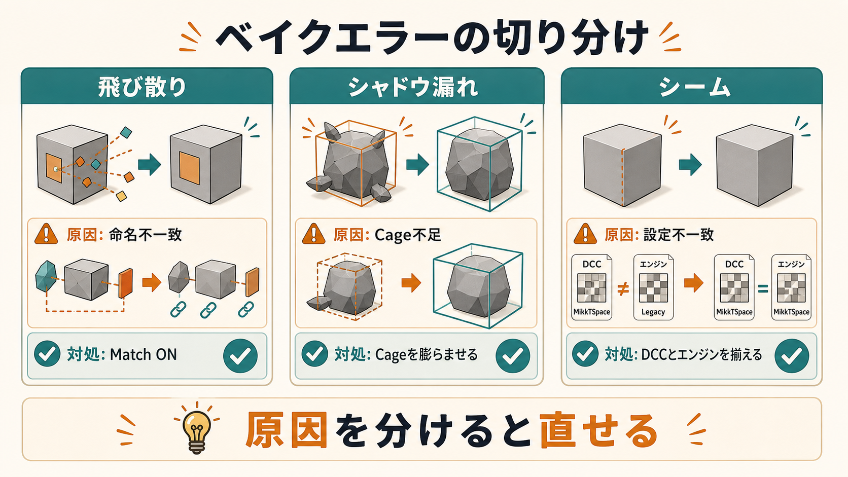ベイクの典型エラーである飛び散り、シャドウ漏れ、シームの原因と対処