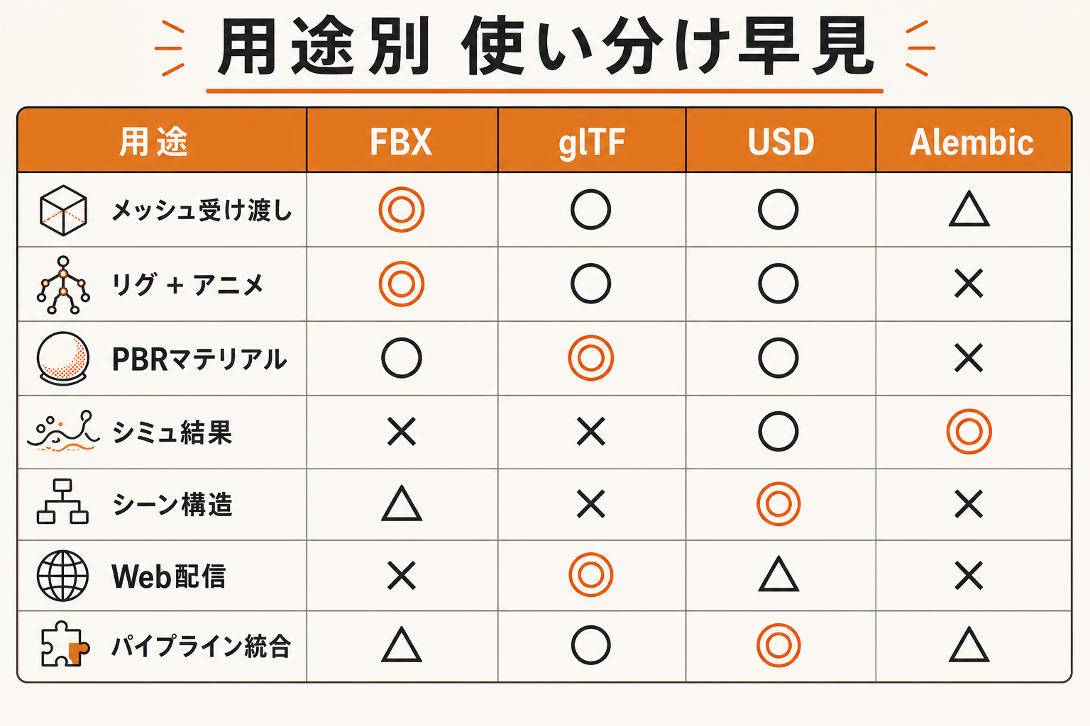 FBX/glTF/USD/Alembic の用途別対応早見表